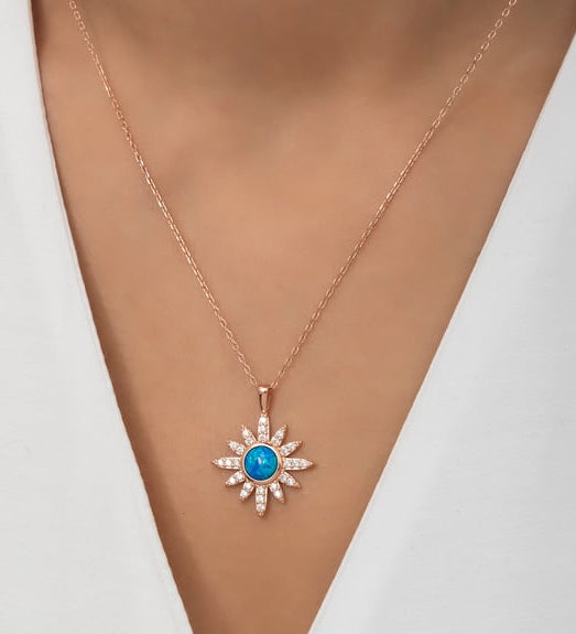 Madam Matmazel Hediye Paketli Zirkon Ve Mavi Opal Taşlı Kuzey Yıldızı Gümüş Kadın Kolye, 925 Ayar, Rose